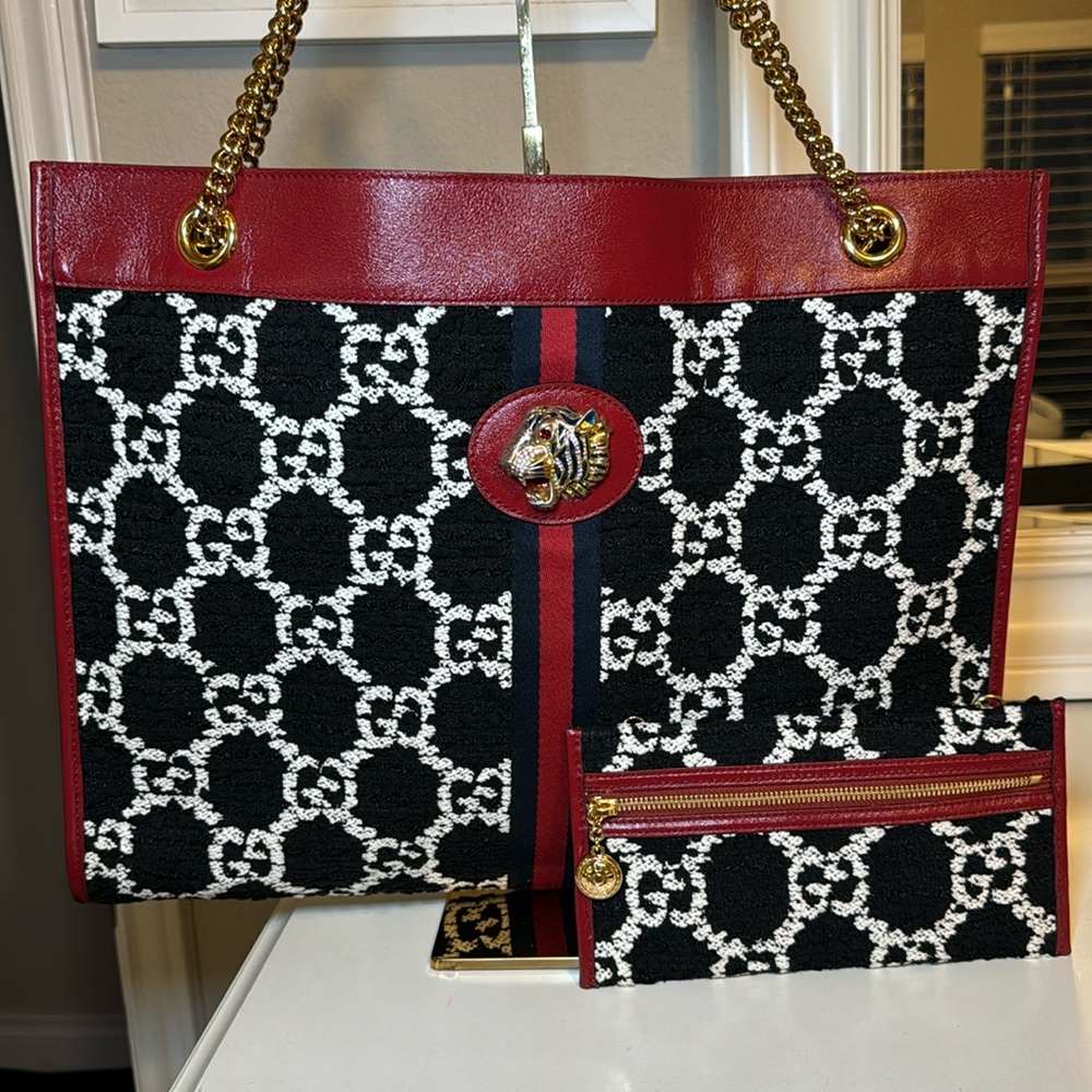 Gucci Black White Red GG Tote with Tiger Medallion and Chain Straps